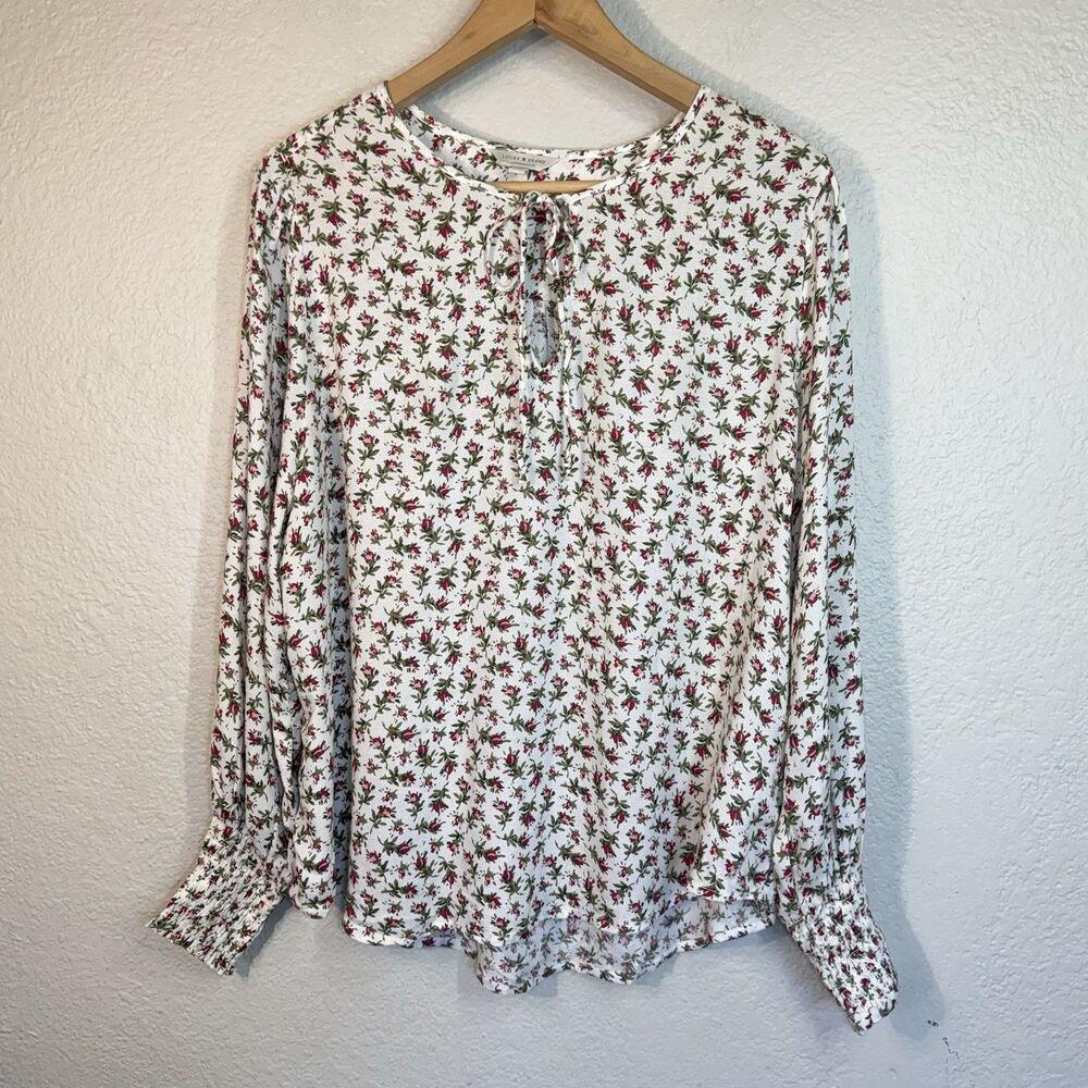 Lucky Brand Peasant Blouse Rosebud Floral Red Cream Cottagecore Prairie Women L